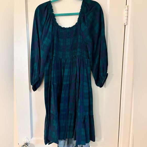 Plaid Tartan Forest Green and Blue Off-the-shoulder Dark Academia XL Dress - Picture 6 of 6